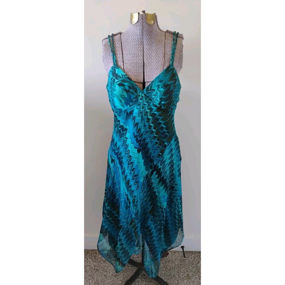Laundry Shelli Segal Silk Dress Teal Geo Mod Boho Y2K Fairy Strappy Sexy Sz 6 EC